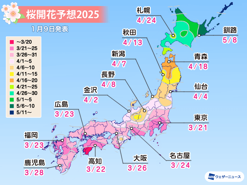 NN桜蔭　2025 2025年 第一回桜開花予想 全国トップは東京で3月21日 北日本は