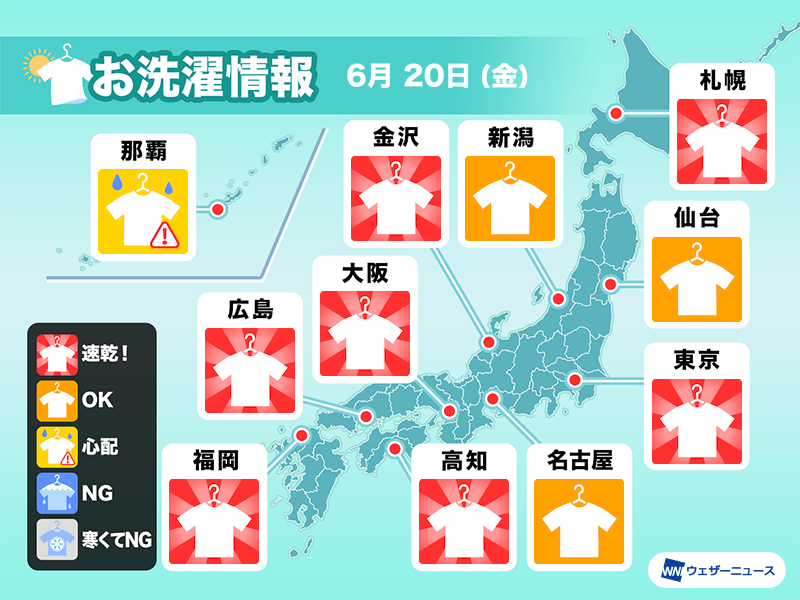 6月20日(金)の洗濯天気予報 全国的に外干しOK 梅雨空戻る前に