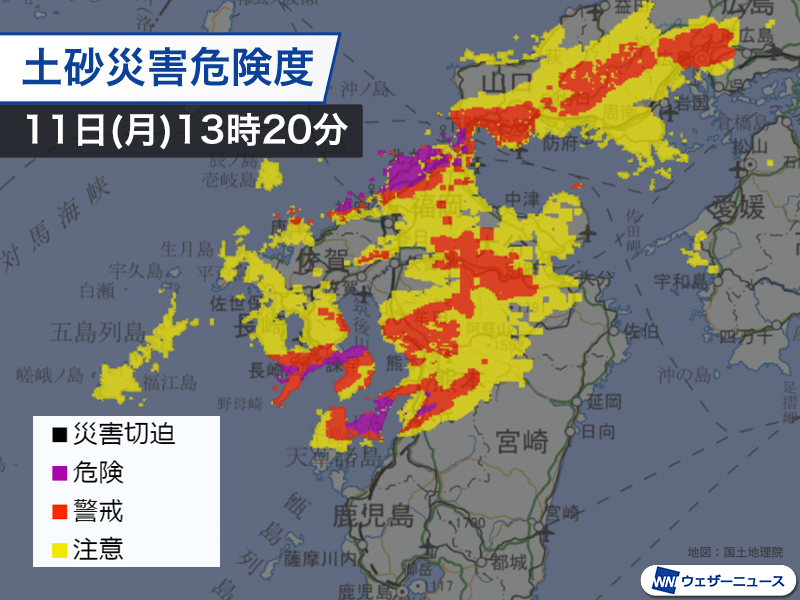 福岡県や長崎県に発達した雨雲が広がる 土砂災害の危険度高く警戒を
