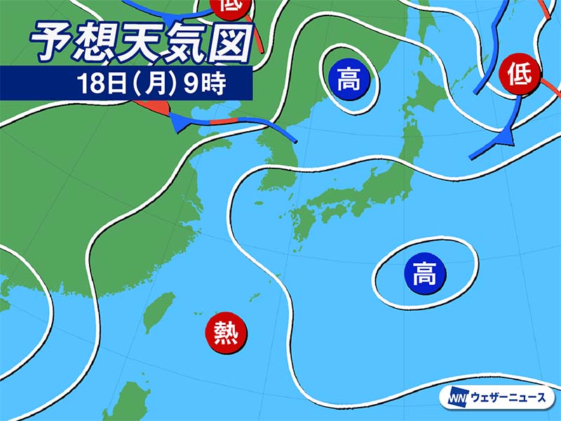 明日8月18日(月)の天気予報 連休明けも関東以西は暑さと天気急変に注意