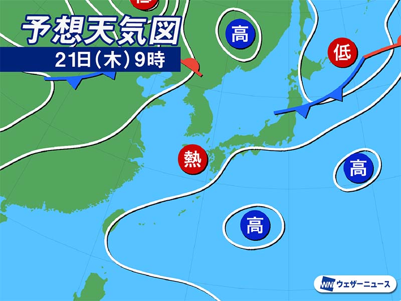今日8月21日(木)の天気予報 東北北部は天気回復へ 西、東日本は