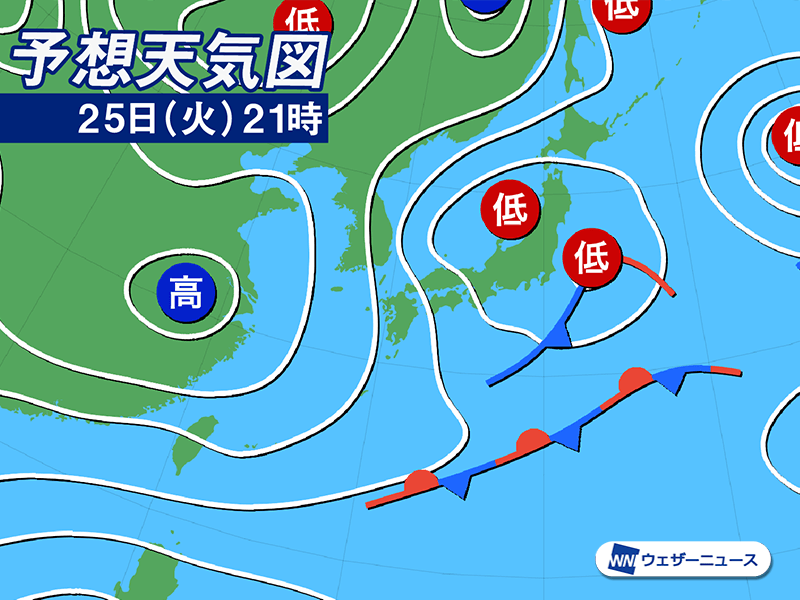 連休明けの今日は低気圧や前線が通過 明日にかけて広範囲で荒天に注意