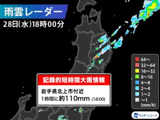 岩手県で1時間に約110mmの猛烈な雨 記録的短時間大雨情報 - ウェザー