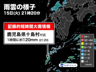 鹿児島県で1時間に約120mmの猛烈な雨 記録的短時間大雨情報 - ウェザー