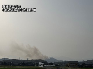 山林火災の発生した中四国は晴天 南西風がやや強めに吹くことも