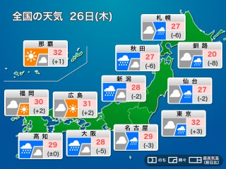 今日6月26日(木)の天気予報 強雨に注意 梅雨前線や熱帯低気圧の