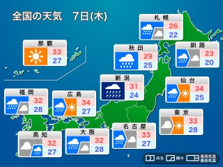 明日8月7日(木)の天気予報 前線通過でほぼ全国的に雨 北陸や東北日本海