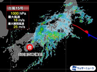 台風15号が接近前の地域で非常に激しい雨 線状降水帯形成のおそれも