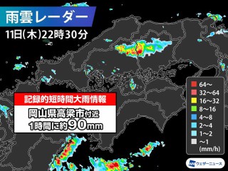 岡山県で1時間に約90mmの猛烈な雨 記録的短時間大雨情報 - ウェザー