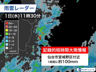 宮城県で1時間に約100mmの猛烈な雨 記録的短時間大雨情報 - ウェザー