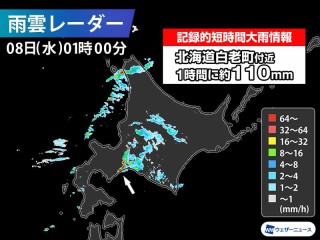 北海道で1時間に約110mmの猛烈な雨 記録的短時間大雨情報 - ウェザー