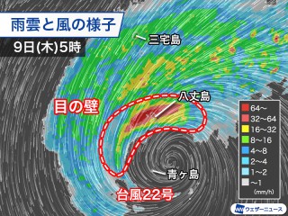 台風22号 八丈島付近に「目の壁」 最大瞬間風速50m/s超える - ウェザー