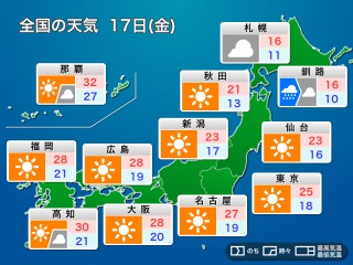 明日10月17日(金)の天気予報 全国的に天気回復 西日本は高温傾向が続く