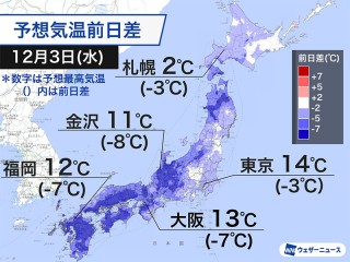 強い寒気で全国的に気温が大幅に下がる予想 夜の方が寒くなる所が多い