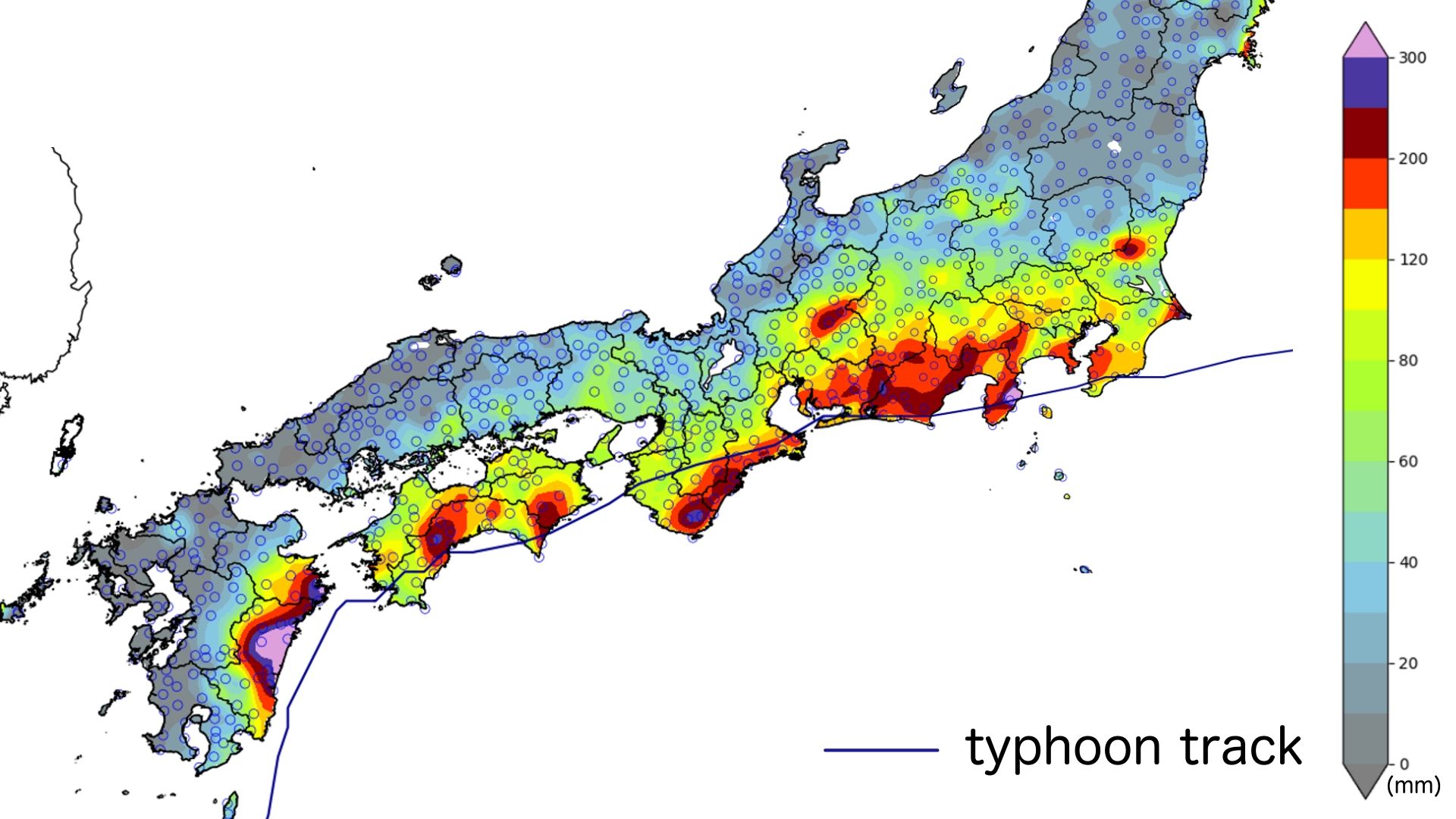 Figure1: Typhoon No. 15 track and 48-hour accumulated precipitation (AMeDAS) from 09:00 JST September 4 to 09:00 JST September 6