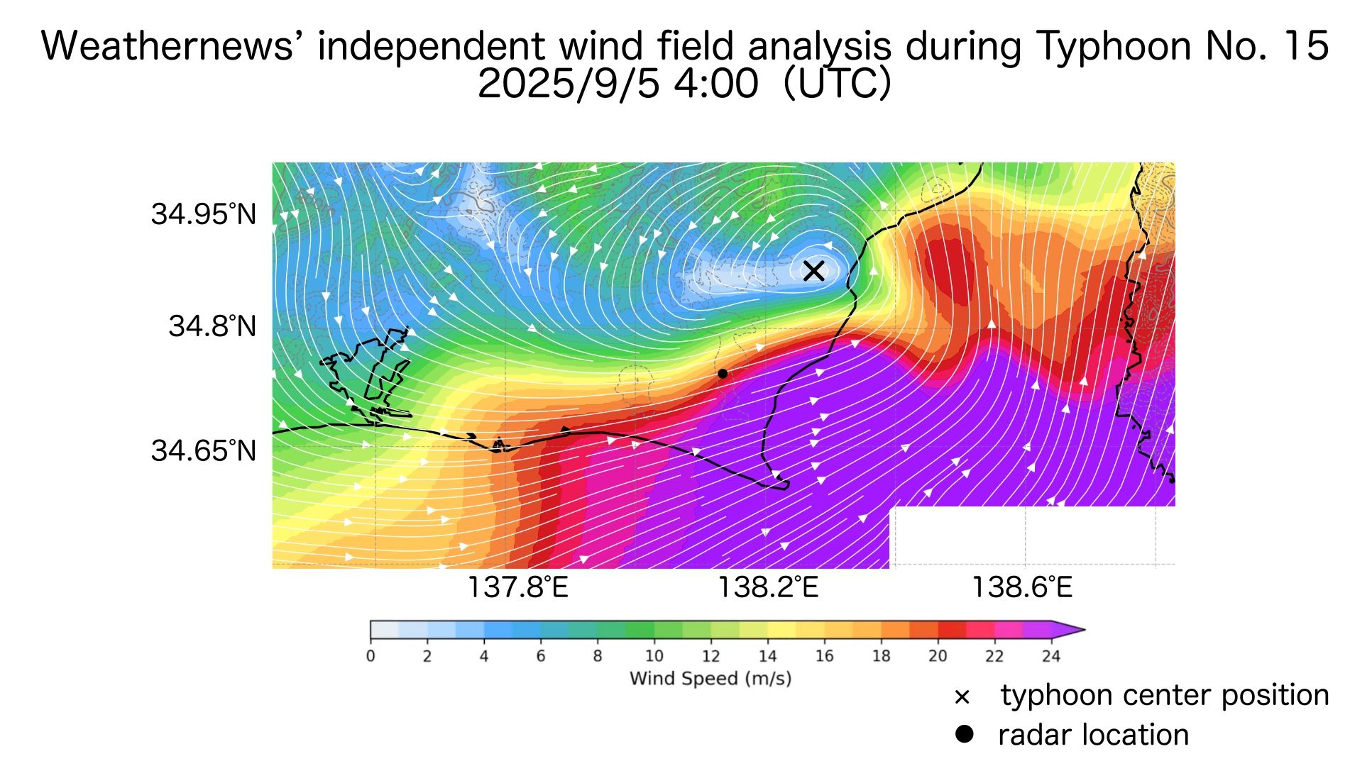 Figure5: Weathernews’ independent wind field analysis during Typhoon No. 15