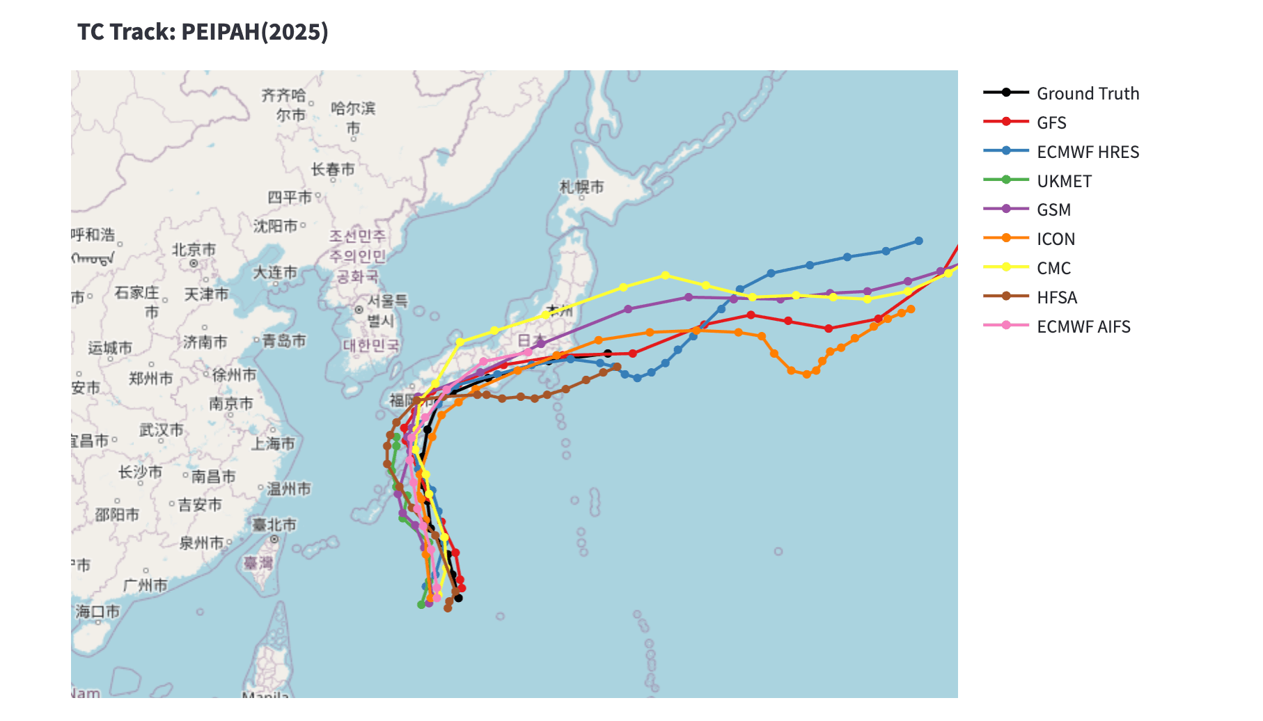 図6:2025年9月2日12時(UTC)時点における、各国の気象予測モデルの進路予測