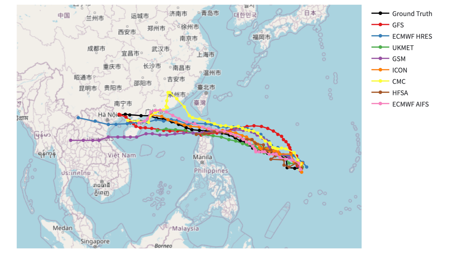 
図1：2025年9月17日0時（UTC）時点における、各国の気象予測モデルの進路予測