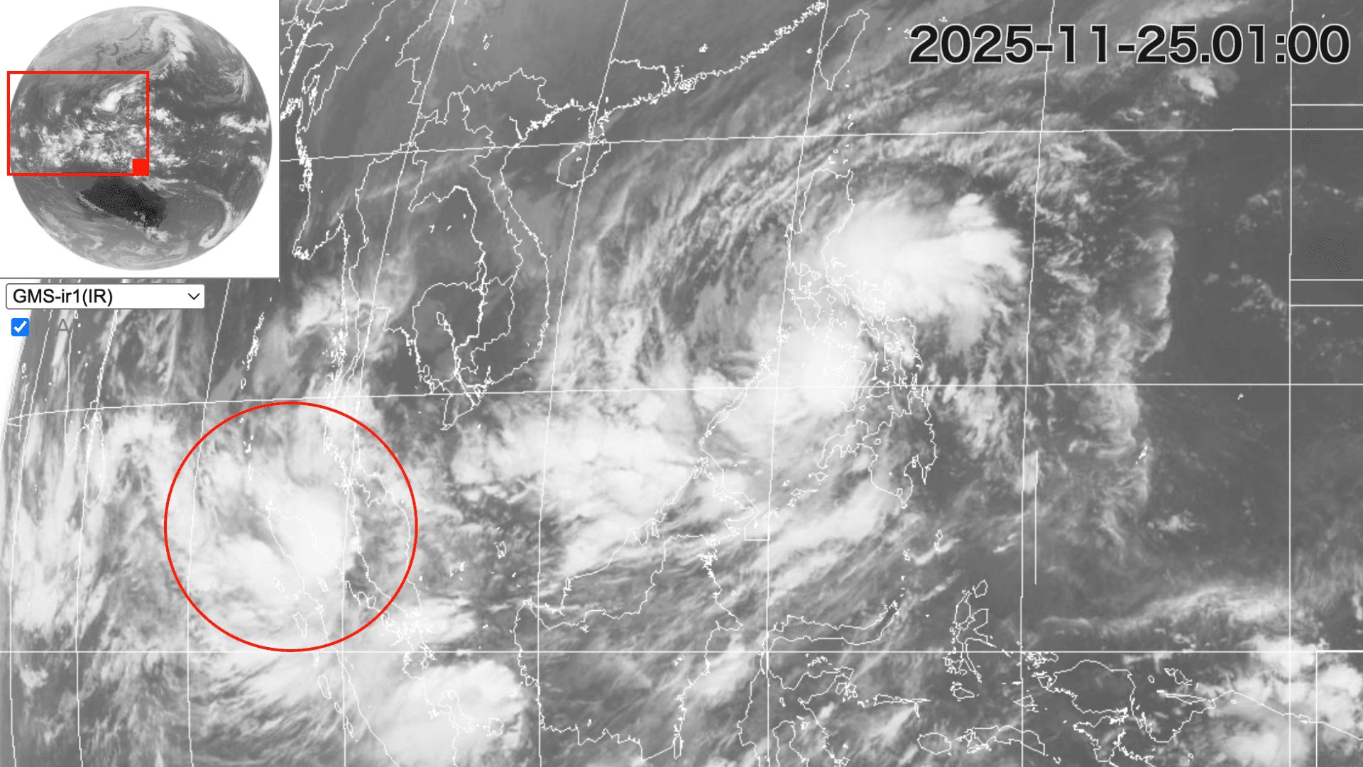 Figure 1: Satellite image (infrared) at 01:00 UTC, 25 November 2025. Thick high clouds such as cumulonimbus appear white.