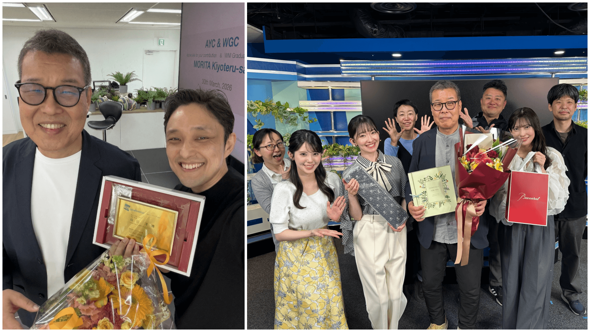 Mr. Morita with Bashi (CEO Ishibashi) (left), and with Weathernews presenters and program staff (right).