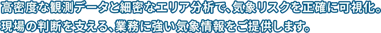 高密度な観測データと細密なエリア分析で、気象リスクを正確に可視化。現場の判断を支える、業務に強い気象情報をご提供します。