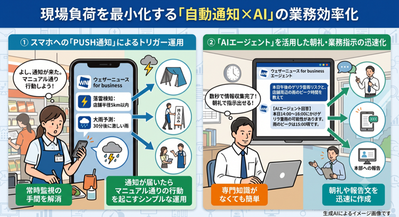 スマホへの大雨・落雷PUSH通知とAIエージェントによる業務指示要約機能のイメージ